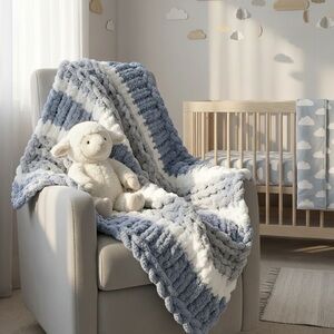 Super Chunky Handknitted Baby Blanket, Plush Soft Whimsical Cozy Nursery Throw,